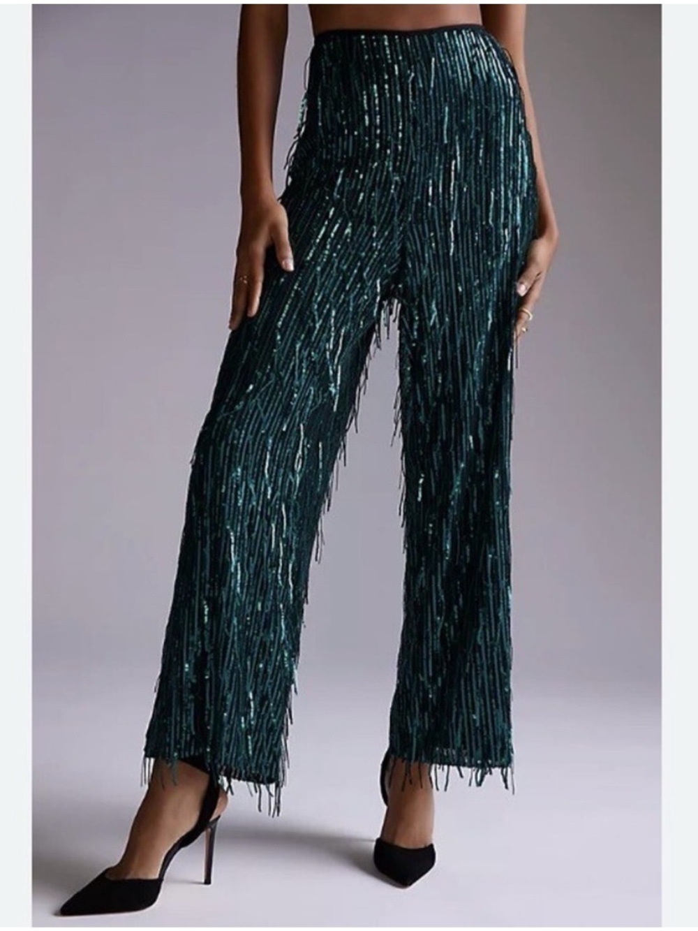 NWT Anthropologie Maeve Fringed Sequin Pants Wide Leg High Waist Green